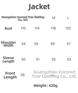 Tableau des tailles pour veste femme avec mesures du buste, des épaules et des manches