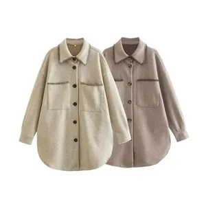 Women Casual Loose Contrast Whipstitch Woolen Shacket Coat Long Sleeve Button Down Shirt Jacket With Flap Pockets