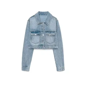 Women Casual Cropped Denim Jacket Long Sleeve Button Up Lapel Light Blue Washed Jean Coat For Autumn Winter Fashion Streetwear