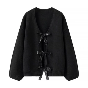 Cardigan noir pour femme avec nœuds en paillettes, col en V et manches lanternes