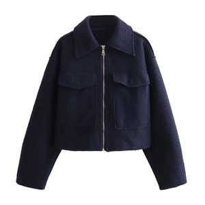 Women's navy blue short wool jacket with zipper closure and large chest pockets