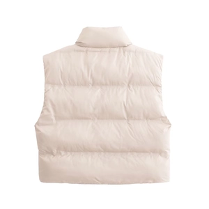 Back view of a beige quilted puffer vest with stand collar and horizontal quilting