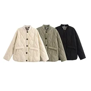 Quilted women's jackets in beige, green, and black with leopard print lining