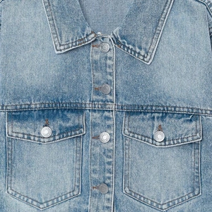 Women's light blue washed cropped denim jacket with turn-down collar and metal buttons