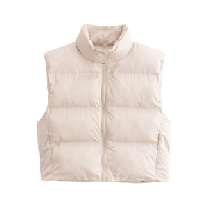 Women's cream white quilted puffer vest with high collar and full zipper closure