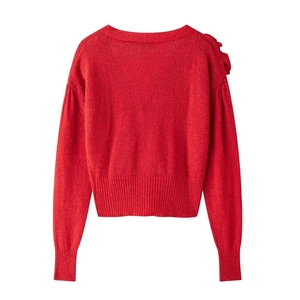 Maglione in maglia rossa da donna con girocollo e fiocco decorativo sulla spalla destra