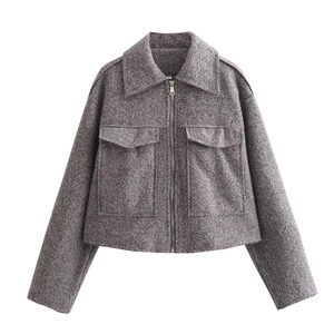 Women's gray short cropped jacket with lapel collar and silver zipper closure detail