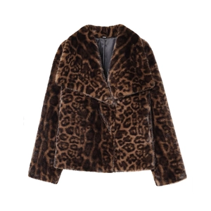 Women's vintage faux leopard fur short jacket with large lapel and thick warm texture