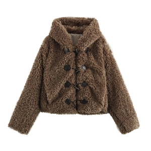 Short brown faux fur coat with toggle buttons and high collar for winter styling