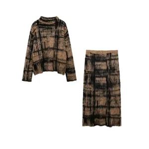 Women Plaid Jacquard Knit Sweater And Maxi Skirt Set Long Sleeve Round Neck Polyester Top And Bottom Casual Clothing Suit