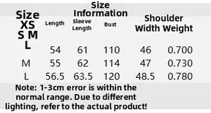 Size chart detail for brown jacket showing length, sleeve, bust, and weight in cm