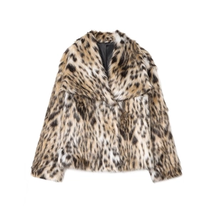 Close-up detail of leopard print faux fur texture and black lining on short jacket