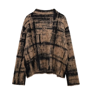 Women's 2024 autumn knit set featuring brown and black plaid pattern in casual loose style