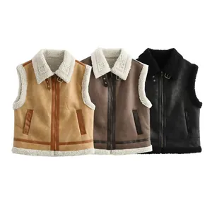 Women Faux Shearling Suede Vest Vintage Lapel Zipper Sleeveless Jacket Winter Warm Casual Streetwear Outerwear Waistcoat