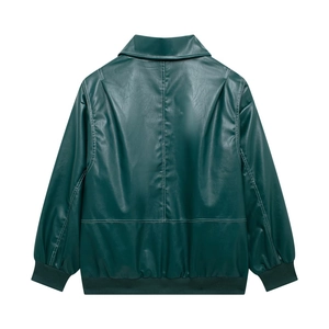 Vue arrière du blouson en cuir vert foncé avec coutures contrastées et finitions côtelées