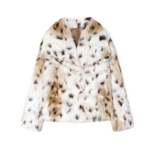 Detail of faux fur texture and satin lining on a cropped leopard print winter jacket