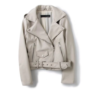 Detailed view of women's moto jacket features including lapels and waist belt