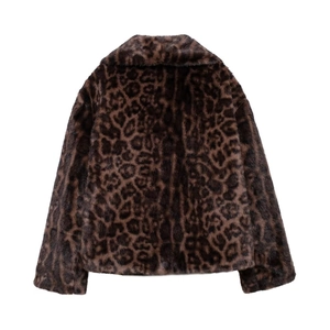 Detailed back view of a luxury faux fur leopard print short coat with soft texture