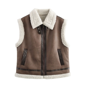 Women's brown faux suede vest with white sherpa trim and zipper for autumn winter