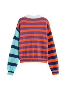Close-up of vibrant color block striped knit sweater showing texture and ribbed neckline