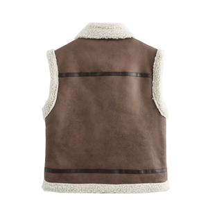 Women's faux suede biker vest in dark brown with white faux fur lining and leather trim