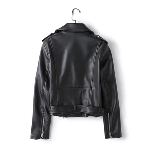 Rear view of a black faux leather biker jacket with metallic zipper details and belt