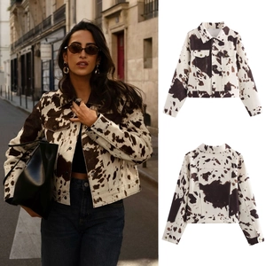 Veste Courte pour Femme Imprimé Vache Mode Color Block Revers Boutonné Streetwear Style Denim Polyester Haut Extérieur