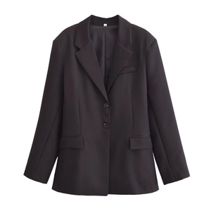 Classic black women's slim fit blazer jacket with double button closure and flap pockets
