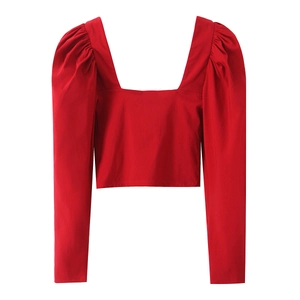 Detailed view of red French vintage square neck top with long puff sleeves on white background