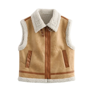 Brown faux shearling aviator vest with white fleece lining and zipper closure
