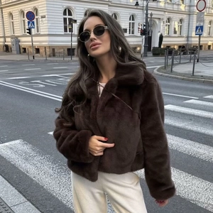 Women Fashion Faux Fur Short Jacket Autumn Winter Thick Warm Lapel Coat Solid Color Casual Streetwear Long Sleeve Outwear