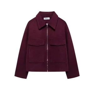 Giacca da Donna in Lana Rosso Vino Stile Street Fashion con Colletto a Punta Cerniera Cappotto Corto con Grandi Tasche Casual