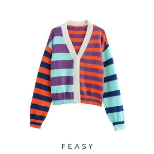 Women V Neck Colorblock Striped Knitted Cardigan Loose Long Sleeve Single Breasted Sweater Top For Autumn Casual Wear