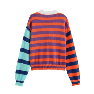Women's V-neck striped knit cardigan with vibrant color block sleeves and ribbed trim
