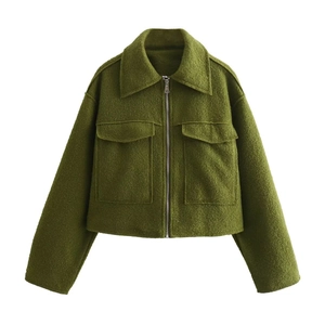 Short wool-textured crop jacket in dark olive green featuring a zipper and flap pockets