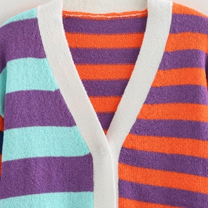 Women V-neck knit cardigan with colorful striped pattern and soft texture detail