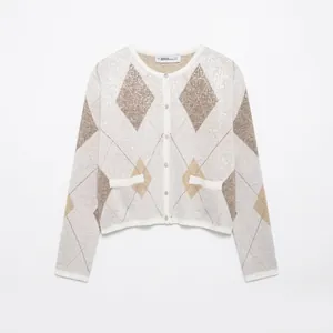 Gilet en Tricot à Losanges pour Femmes Col Rond Paillettes Manches Longues Veste Courte Pull Élégant Tricot Boutonné