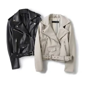 Women's Street Fashion PU Faux Leather Moto Jacket Lapel Long Sleeve Biker Coat With Adjustable Belt Casual Outwear
