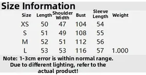 Detailed size chart for street fashion fleece jacket including XS to L dimensions