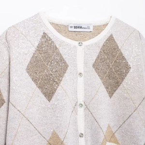 Gilet en tricot à losanges pour femmes avec paillettes et boutons nacrés chic