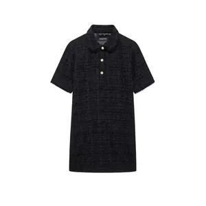 Women Elegant Short Sleeve Tweed Mini Dress Gold Button Turn Down Collar Fringe Hem Textured Casual Bodycon Fashion Dress