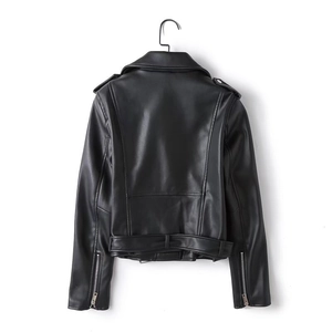 Back view of black faux leather biker jacket with collar and adjustable waist belt