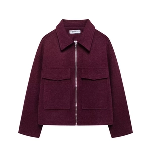 Giacca in lana da donna viola scuro con tasche frontali e cerniera in stile street