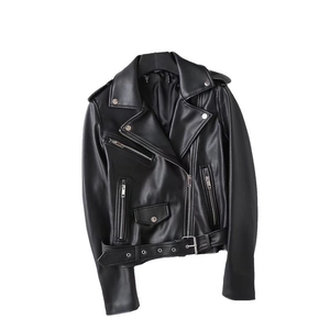 Women's black faux leather biker jacket with silver zippers and waist belt