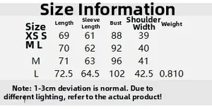Size chart for women's open-front blazer with dimensions for XS to L in cm