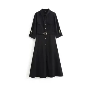 Abito a Camicia Elegante da Donna Tinta Unita Con Revers Manica Lunga Lunghezza Midi a Linea Con Cintura E Tasche