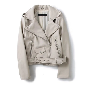 Chic cream white faux leather biker jacket with asymmetrical zipper and metal belt detail