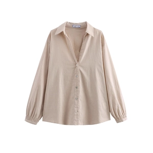 Women's casual cotton linen beige shirt with lapel V-neck and elastic cuffed sleeves