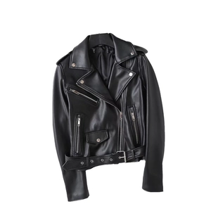 Women's 2024 chic black faux leather biker jacket with asymmetrical zip and adjustable belt