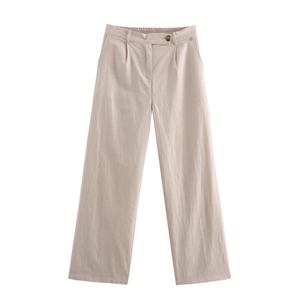 Women's high-waisted linen wide-leg trousers in beige with elastic back waist design
